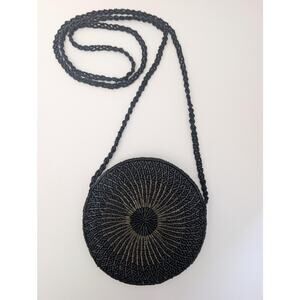 Vintage Round Beaded Crossbody Bag Black Sunburst Bugle Bead Evening Purse